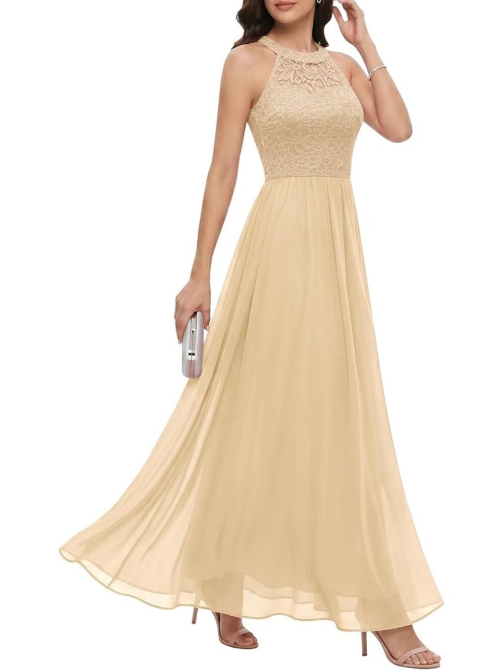 Women's Champagne Halter Neck Floral Lace Bridesmaid Cocktail Bodycon Maxi Dress